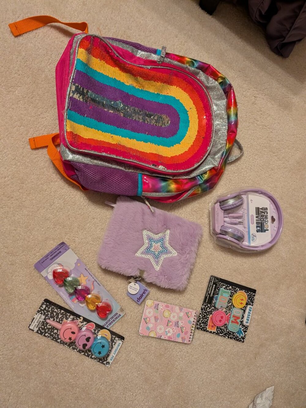 kid school supplies backpack headphones diary journal erasers note pen highlight